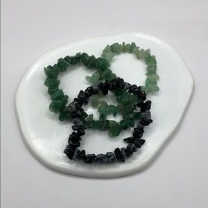 Green stone + snow obsidian bead layered stackable 3 bracelets small wrist 6-6.5